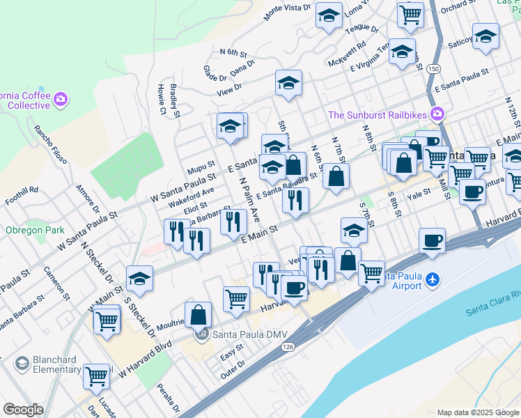 map of restaurants, bars, coffee shops, grocery stores, and more near 127 N Palm Ave in Santa Paula