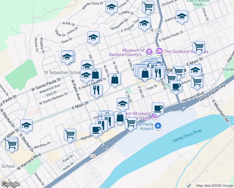 map of restaurants, bars, coffee shops, grocery stores, and more near 612 East Main Street in Santa Paula