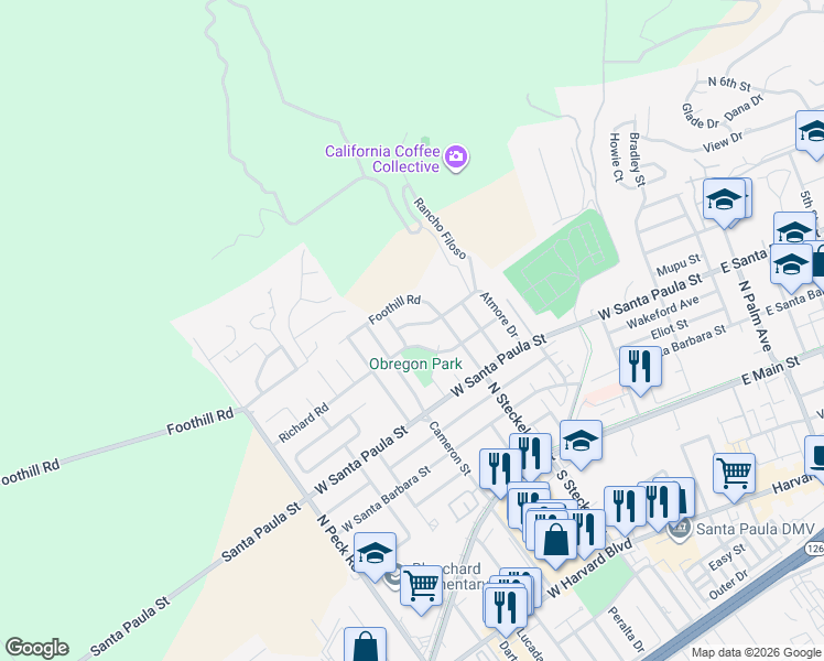map of restaurants, bars, coffee shops, grocery stores, and more near 583 Anacapa Terrace in Santa Paula