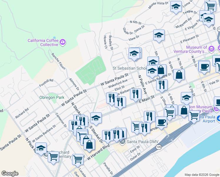 map of restaurants, bars, coffee shops, grocery stores, and more near 220 Wakeford Avenue in Santa Paula