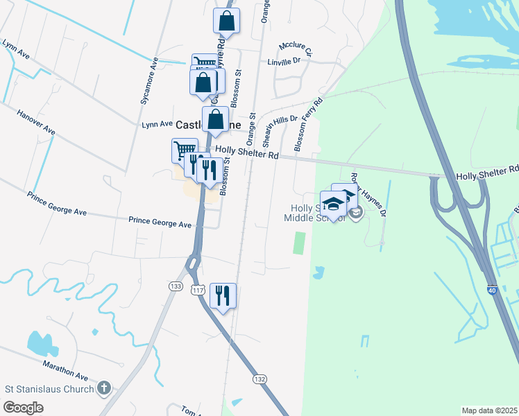 map of restaurants, bars, coffee shops, grocery stores, and more near 5633 Fulton Avenue in Castle Hayne