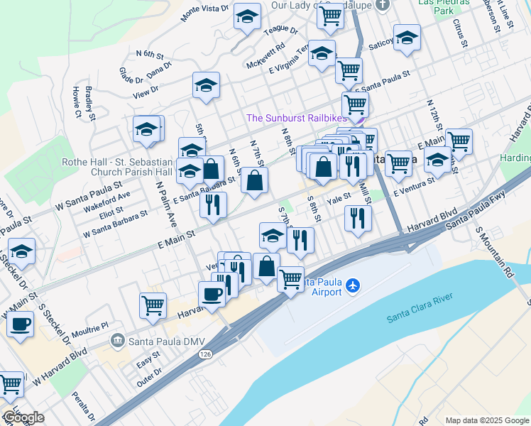 map of restaurants, bars, coffee shops, grocery stores, and more near 618 East Main Street in Santa Paula
