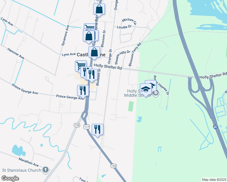 map of restaurants, bars, coffee shops, grocery stores, and more near 5633 Fulton Avenue in Castle Hayne