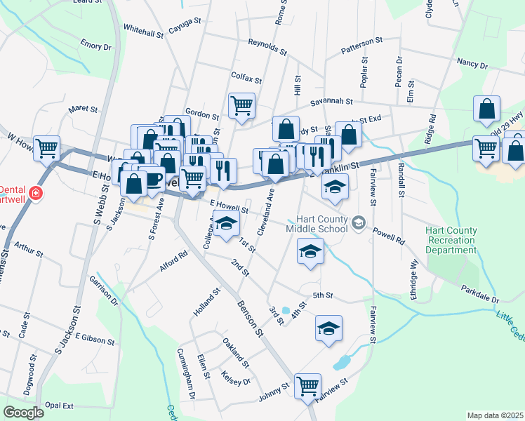 map of restaurants, bars, coffee shops, grocery stores, and more near 741 East Howell Street in Hartwell