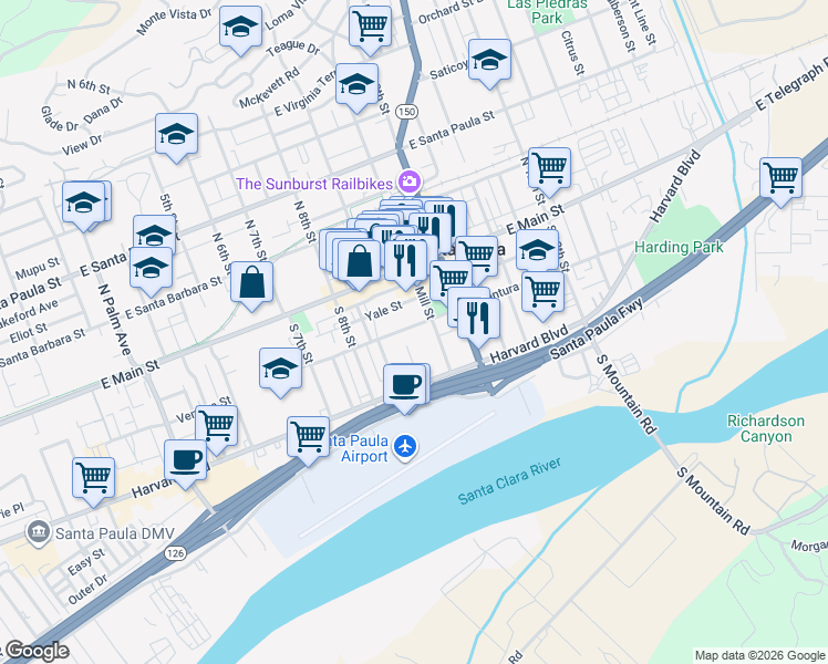 map of restaurants, bars, coffee shops, grocery stores, and more near 928 East Ventura Street in Santa Paula
