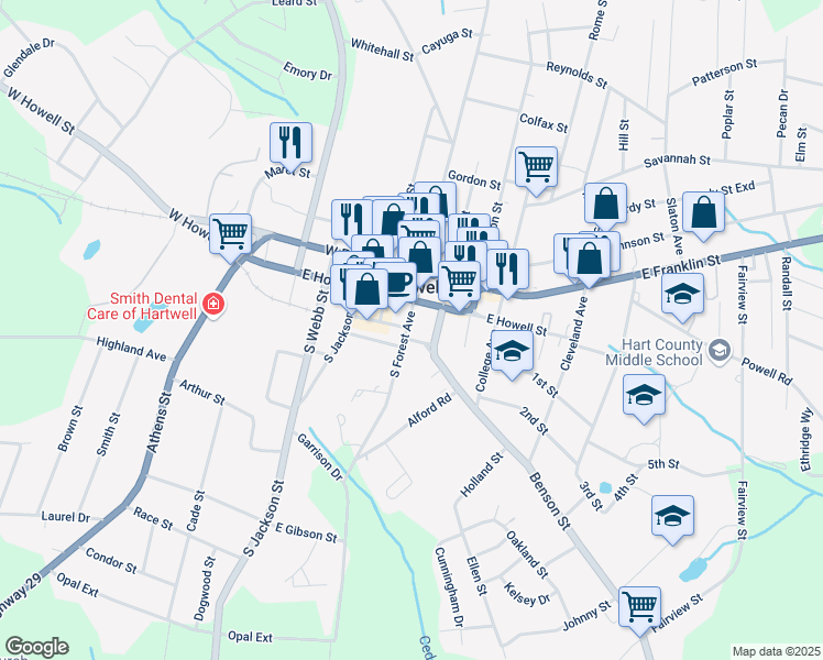 map of restaurants, bars, coffee shops, grocery stores, and more near 201 Benson Street in Hartwell