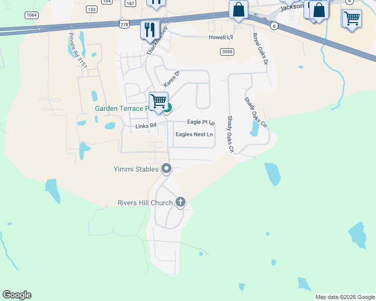 map of restaurants, bars, coffee shops, grocery stores, and more near 173 Eagle Point Loop in Oxford