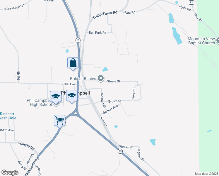 map of restaurants, bars, coffee shops, grocery stores, and more near 570 Mc Clung Avenue in Phil Campbell