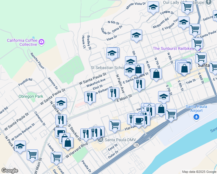 map of restaurants, bars, coffee shops, grocery stores, and more near 127 West Santa Barbara Street in Santa Paula