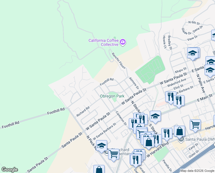 map of restaurants, bars, coffee shops, grocery stores, and more near 583 Anacapa Terrace in Santa Paula