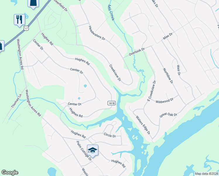 map of restaurants, bars, coffee shops, grocery stores, and more near 411 Hughes Road in Hampstead