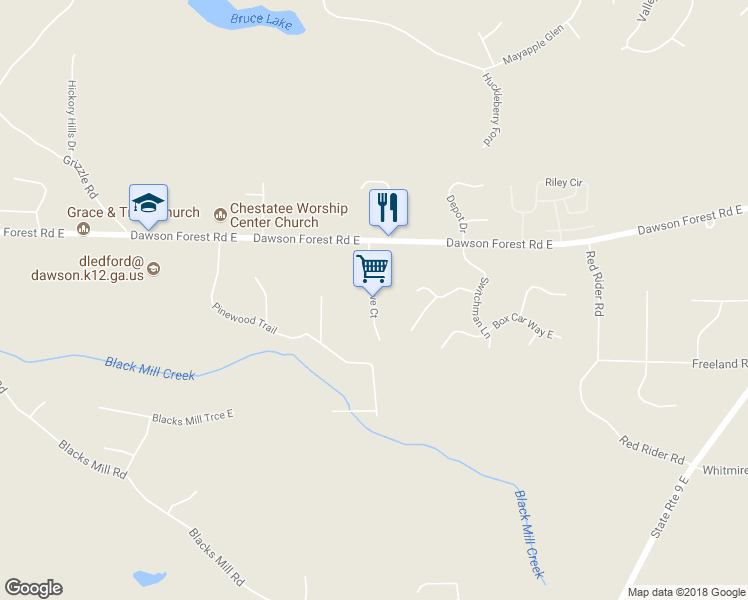 map of restaurants, bars, coffee shops, grocery stores, and more near 147 Forest Cove Court in Dawsonville