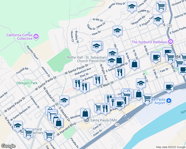 map of restaurants, bars, coffee shops, grocery stores, and more near 127 West Santa Barbara Street in Santa Paula