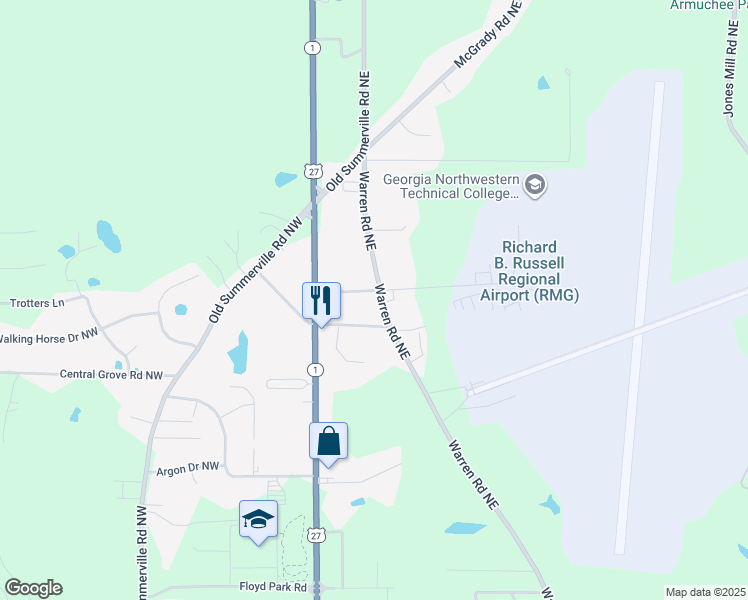 map of restaurants, bars, coffee shops, grocery stores, and more near 701 Warren Road Northeast in Rome