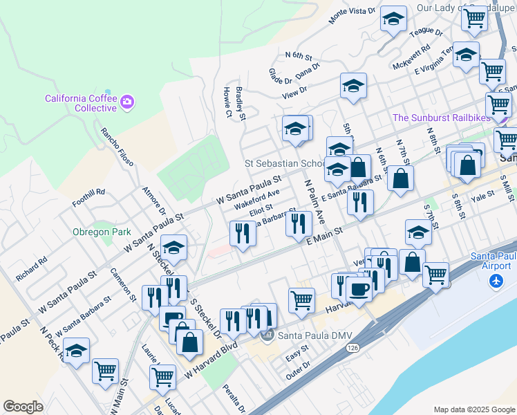 map of restaurants, bars, coffee shops, grocery stores, and more near 201 Eliot Street in Santa Paula