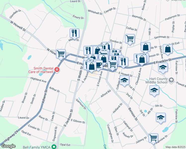 map of restaurants, bars, coffee shops, grocery stores, and more near 63 Depot Street in Hartwell