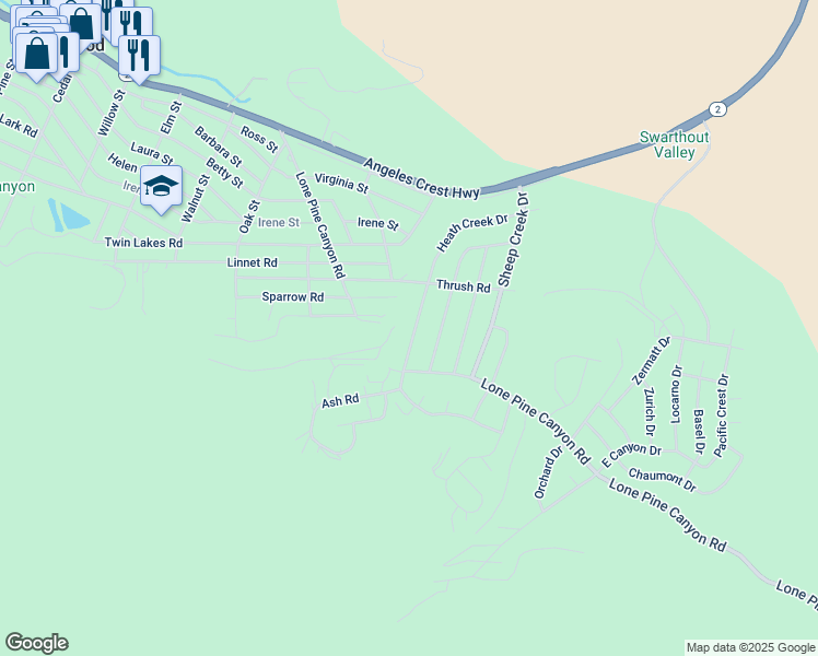map of restaurants, bars, coffee shops, grocery stores, and more near 5584 Heath Creek Drive in Wrightwood