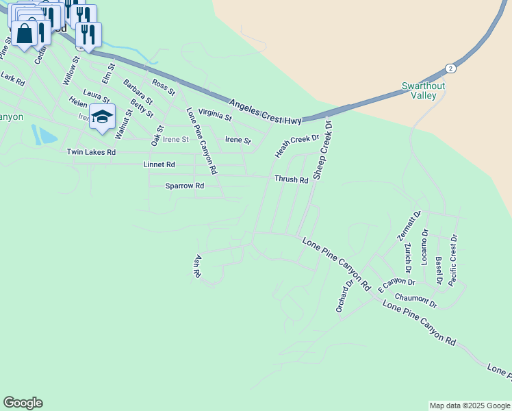 map of restaurants, bars, coffee shops, grocery stores, and more near 5584 Heath Creek Drive in Wrightwood