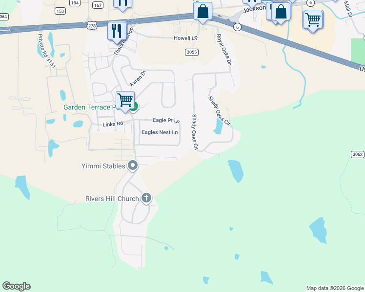 map of restaurants, bars, coffee shops, grocery stores, and more near 741 Shady Oaks Circle in Oxford