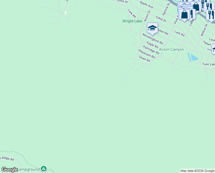 map of restaurants, bars, coffee shops, grocery stores, and more near Acorn Drive in Wrightwood