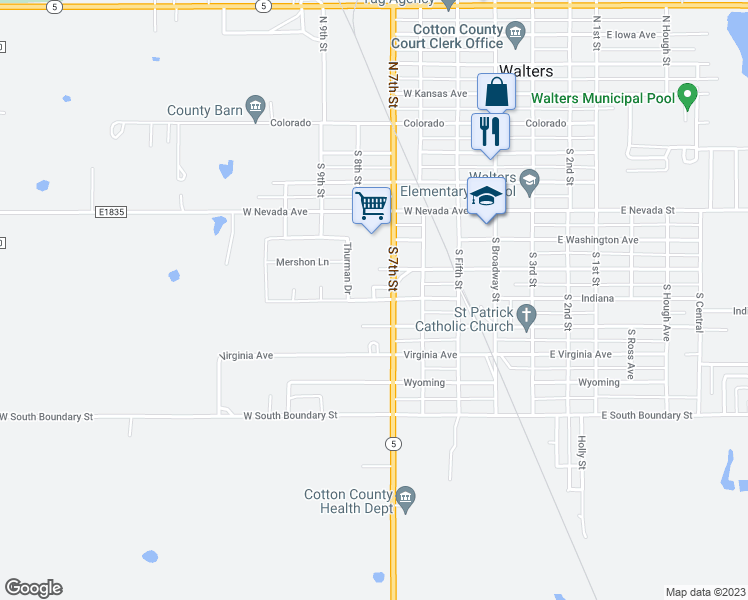 map of restaurants, bars, coffee shops, grocery stores, and more near 445 West Indiana Avenue in Walters