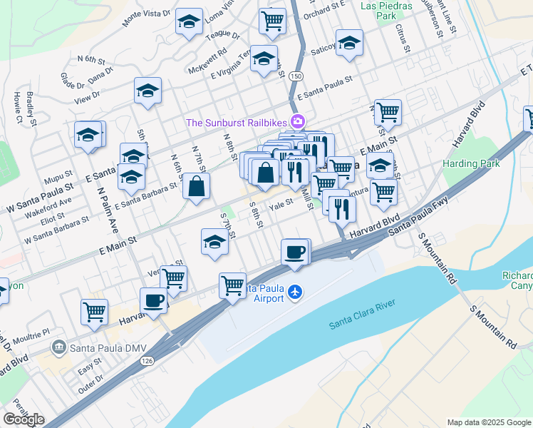 map of restaurants, bars, coffee shops, grocery stores, and more near 213 Green Street in Santa Paula