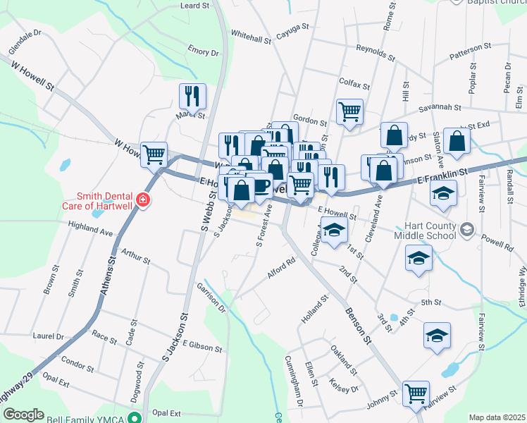 map of restaurants, bars, coffee shops, grocery stores, and more near 201 Benson Street in Hartwell
