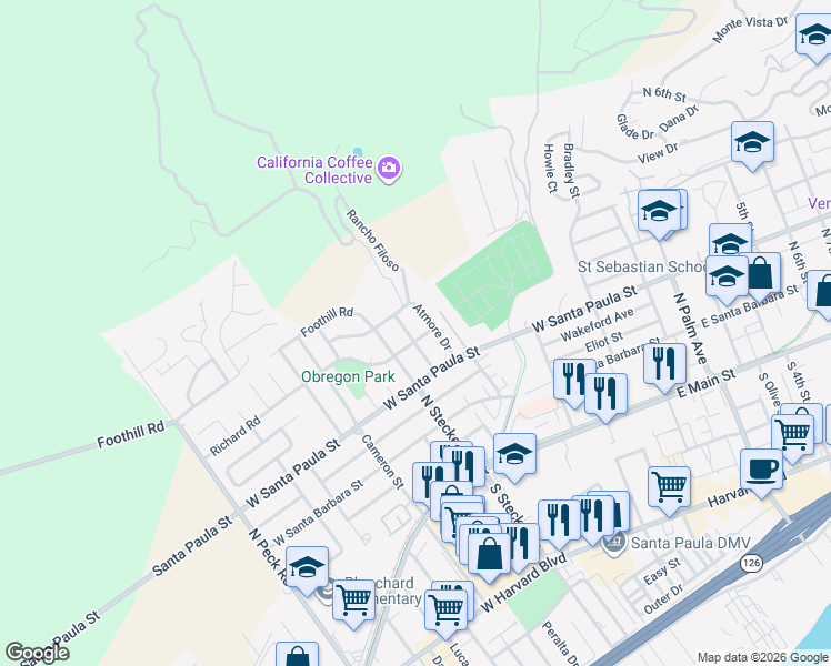 map of restaurants, bars, coffee shops, grocery stores, and more near 405 San Nicolas Avenue in Santa Paula
