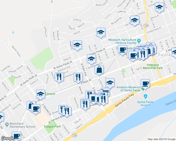 map of restaurants, bars, coffee shops, grocery stores, and more near 127 North Palm Avenue in Santa Paula