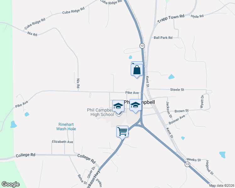 map of restaurants, bars, coffee shops, grocery stores, and more near 71 McClung Avenue in Phil Campbell