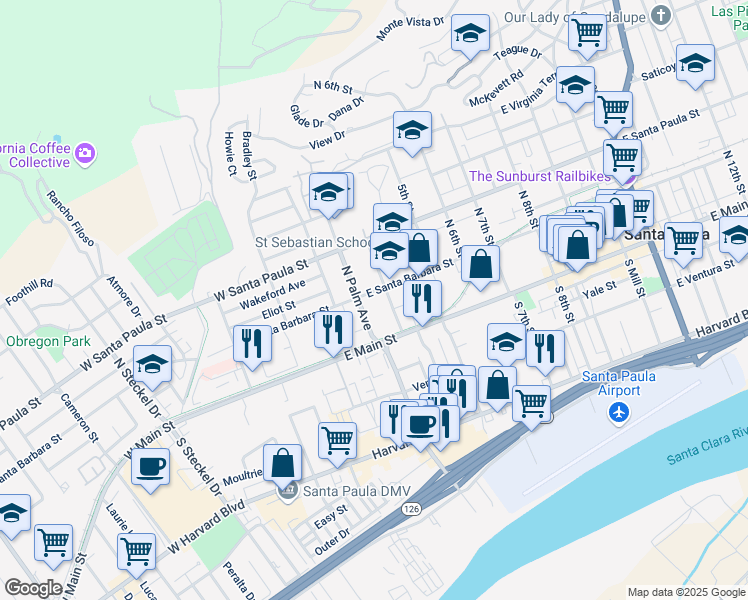 map of restaurants, bars, coffee shops, grocery stores, and more near 208 East Santa Barbara Street in Santa Paula