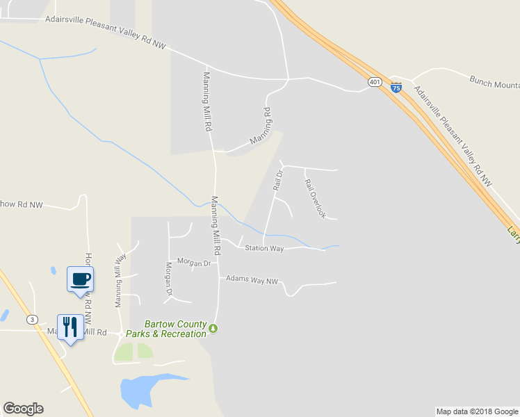 map of restaurants, bars, coffee shops, grocery stores, and more near 309 Rail Drive in Adairsville