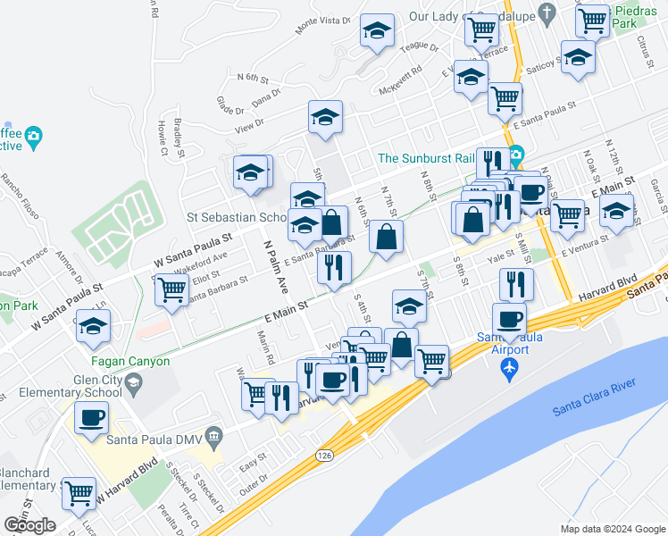 map of restaurants, bars, coffee shops, grocery stores, and more near 121 North 4th Street in Santa Paula