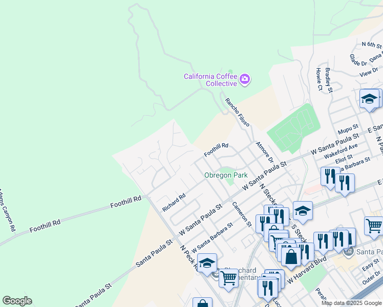 map of restaurants, bars, coffee shops, grocery stores, and more near 535 Ridgecrest Drive in Santa Paula