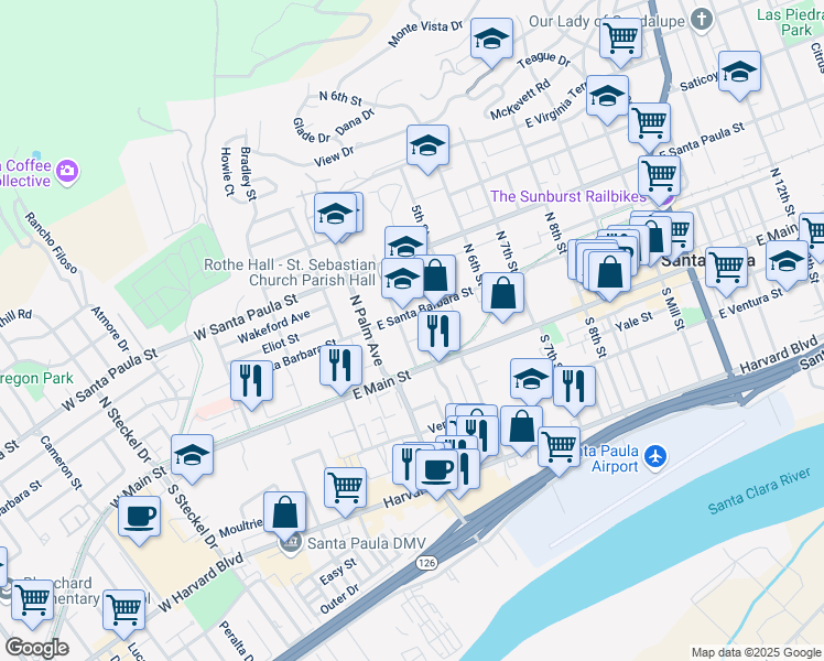 map of restaurants, bars, coffee shops, grocery stores, and more near 127 North Palm Avenue in Santa Paula