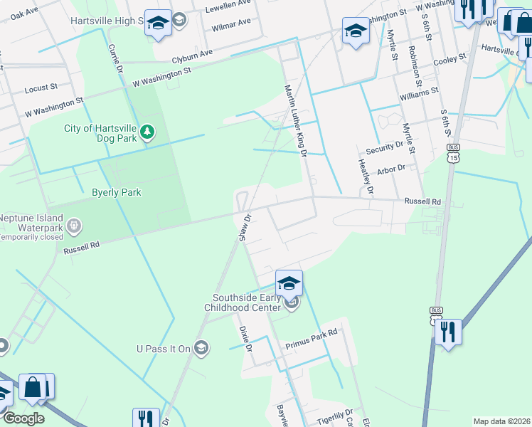 map of restaurants, bars, coffee shops, grocery stores, and more near 1416 Flag Street in Hartsville
