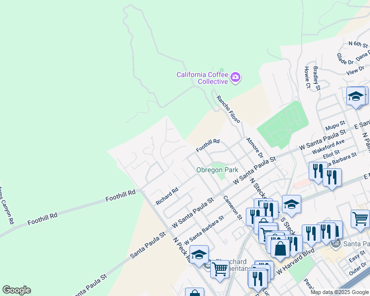 map of restaurants, bars, coffee shops, grocery stores, and more near 535 Ridgecrest Drive in Santa Paula