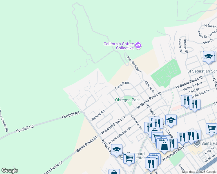 map of restaurants, bars, coffee shops, grocery stores, and more near 452 Cameron Street in Santa Paula