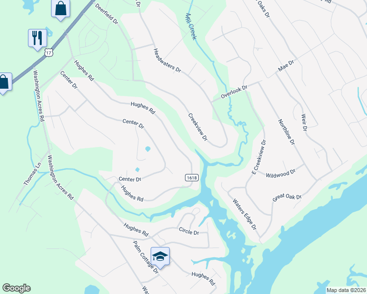 map of restaurants, bars, coffee shops, grocery stores, and more near 411 Hughes Road in Hampstead