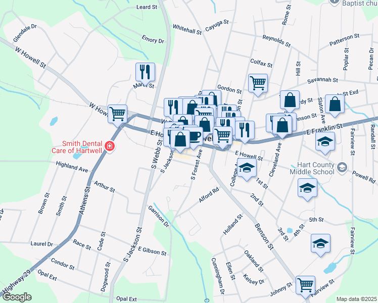 map of restaurants, bars, coffee shops, grocery stores, and more near 33 Carolina Street in Hartwell
