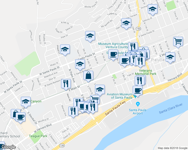 map of restaurants, bars, coffee shops, grocery stores, and more near 505 East Main Street in Santa Paula