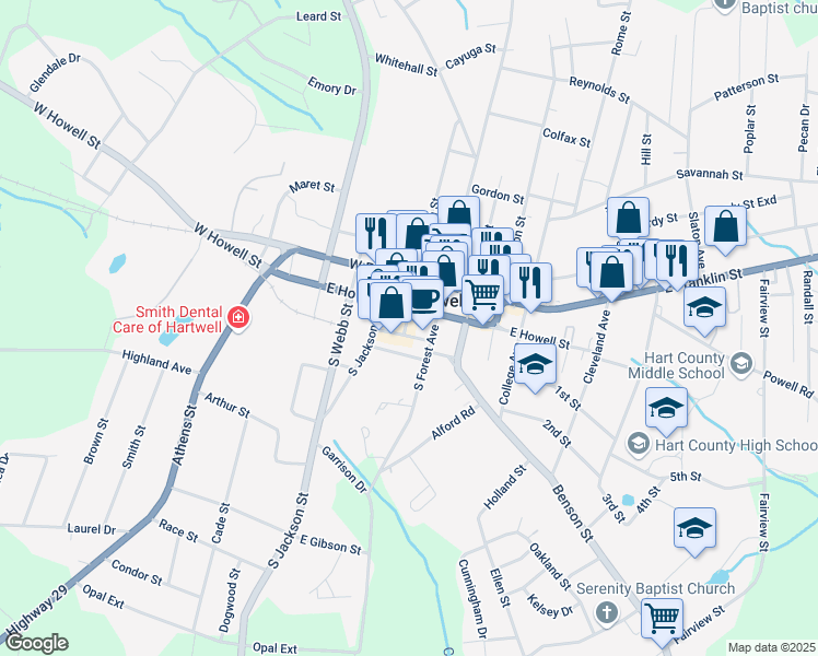 map of restaurants, bars, coffee shops, grocery stores, and more near 33 Carolina Street in Hartwell