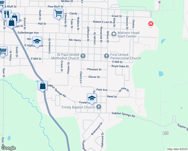 map of restaurants, bars, coffee shops, grocery stores, and more near 1347 Glover Street in Malvern