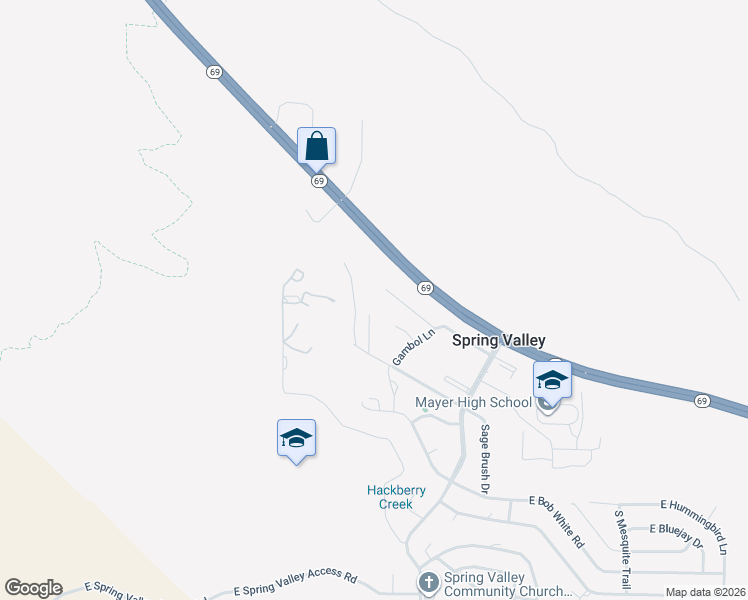 map of restaurants, bars, coffee shops, grocery stores, and more near 16950 East Roadrunner Road in Mayer