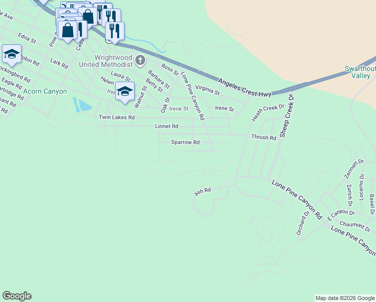 map of restaurants, bars, coffee shops, grocery stores, and more near Blackbird Road in Wrightwood
