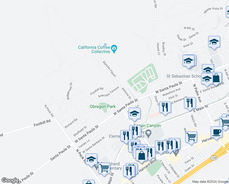 map of restaurants, bars, coffee shops, grocery stores, and more near 428 Anacapa Terrace in Santa Paula