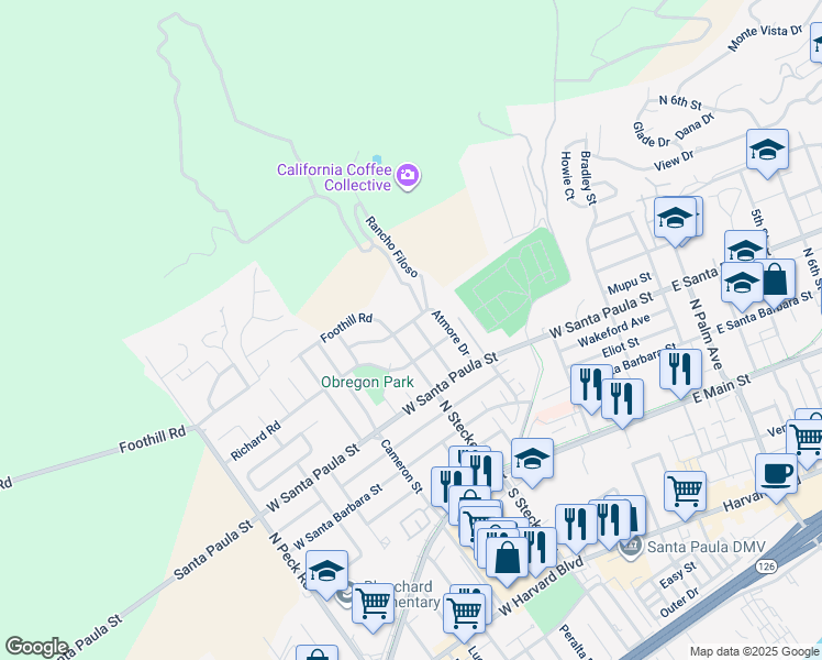map of restaurants, bars, coffee shops, grocery stores, and more near 428 Anacapa Terrace in Santa Paula