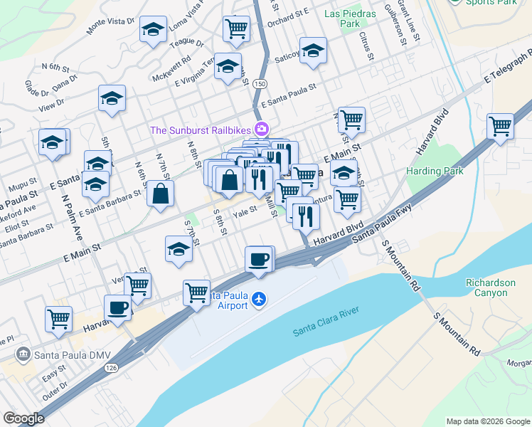map of restaurants, bars, coffee shops, grocery stores, and more near 928 East Ventura Street in Santa Paula
