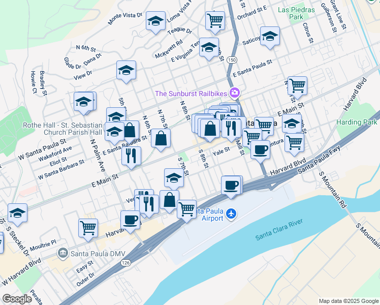 map of restaurants, bars, coffee shops, grocery stores, and more near 114 South 7th Street in Santa Paula