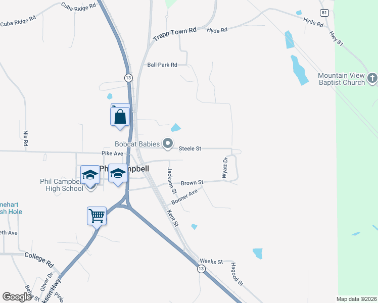 map of restaurants, bars, coffee shops, grocery stores, and more near 570 Mc Clung Avenue in Phil Campbell